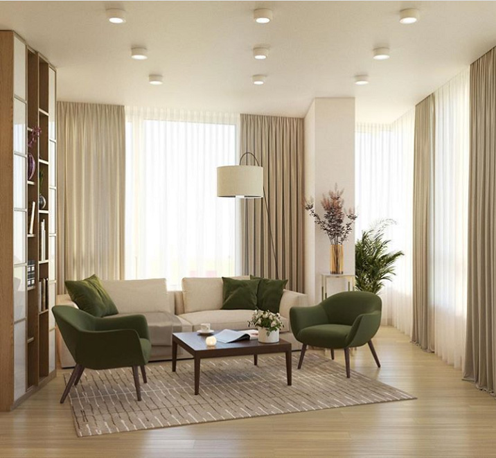 Una sala de estar de diseño moderno en beige y verde, colores de la naturaleza. 