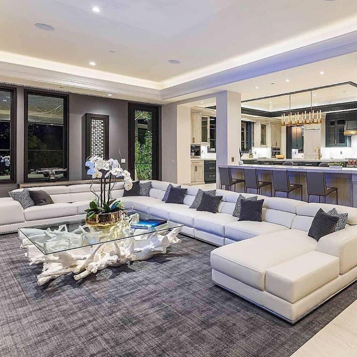Una sala de estar en colores neutros diseñada en estilo moderno con un toque ecléctico. Fotos de salones modernos y elegantes.