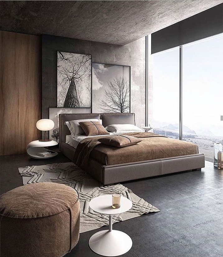 Современная спальня в современном скандинавском стиле в натуральных оттенках с большим окном. 
Дизайн спальни, скандинавский интерьер.