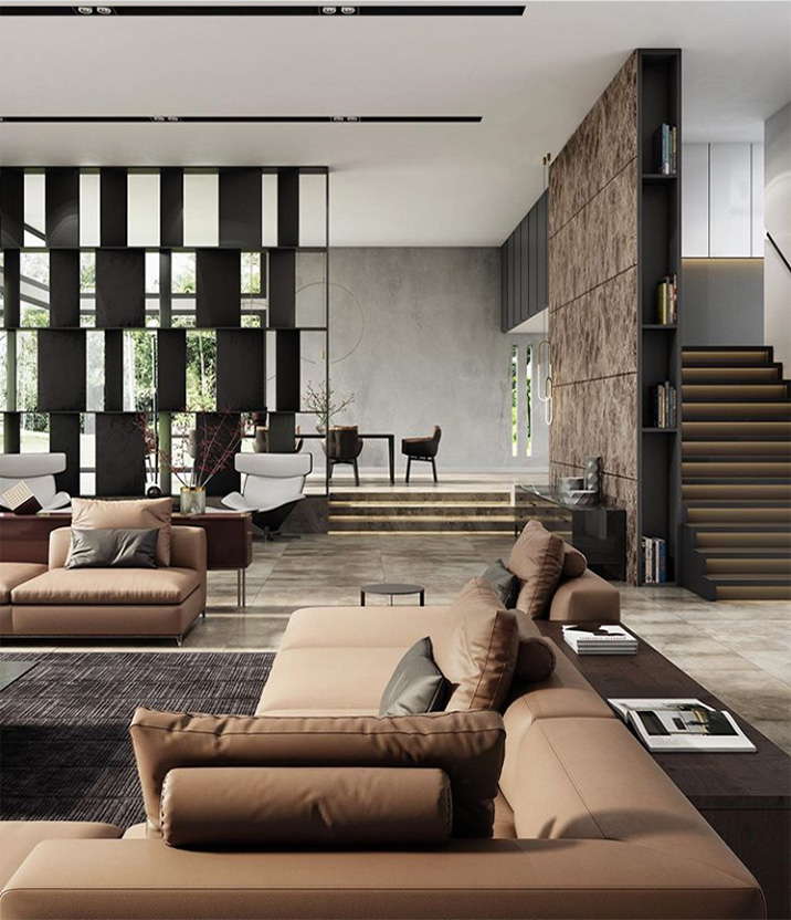 Salón-comedor moderno en colores marrones y muebles de cuero marrón. Casas modernas, fotos.